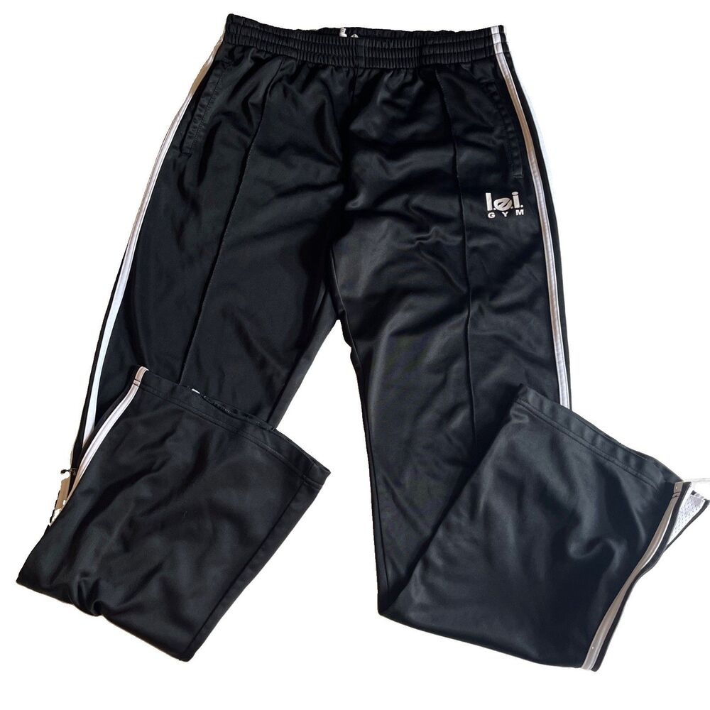 Vintage Y2K LEI Track Pants Womens L Black White Stripe Pockets Active Wear Gym